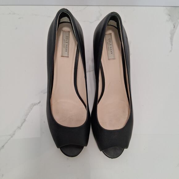 Cole Haan Women Open Toe Pumps Leather 2.5 Inch Brown Block Heel Black Size-8.5B - Picture 1 of 9